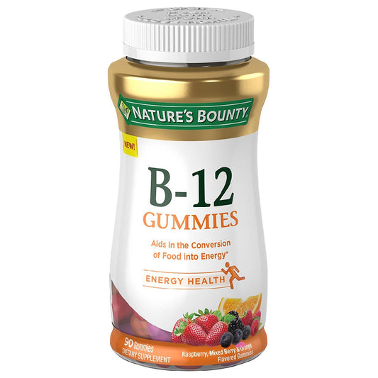 Nature's Bounty Vitamin B12 Gummies in raspberry, mixed berry, and orange flavors, colorful gummy vitamins for energy support.