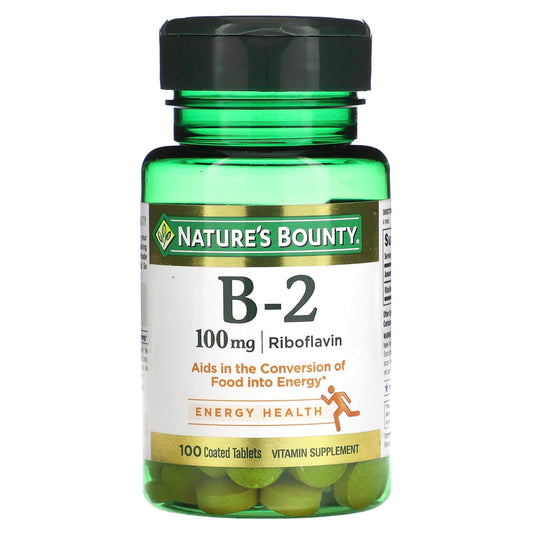 Nature's Bounty Vitamin B-2 100 Mg coated tablets, dietary supplement, shown in blister pack with clear tablet view.