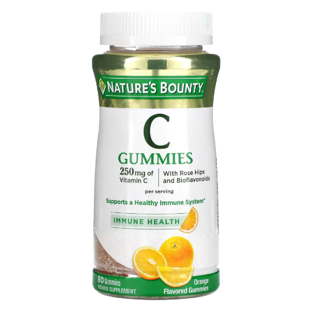 Nature's Bounty Vitamin C gummies with orange flavor, 250 mg, in a bottle of vitamins and supplements.