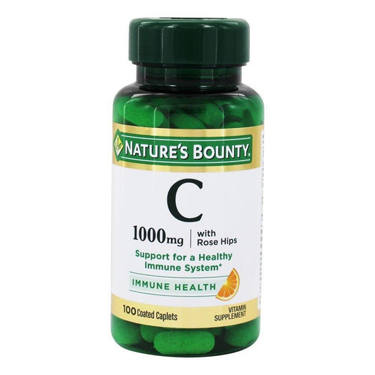 Nature's Bounty Vitamin C Plus Rose Hips coated caplets, 1000 mg, dietary supplement for immune support and antioxidant benefits.
