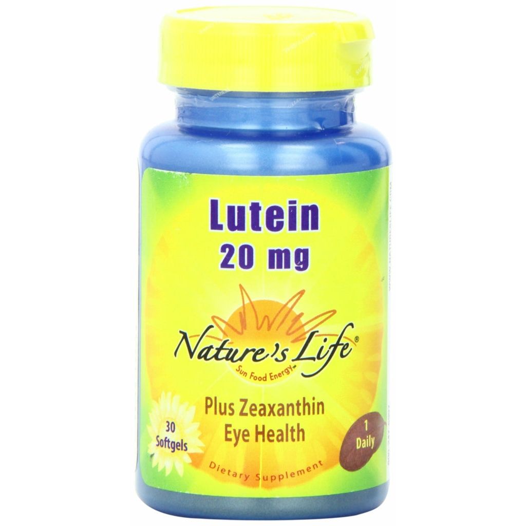 Nature's Life Lutein Plus Zeaxanthin 20 mg softgels in bottle, dietary supplement for eye health, vitamins and supplements.