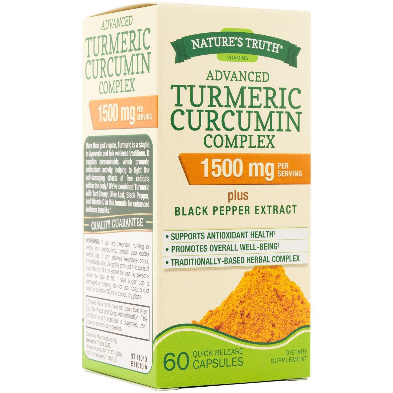 Nature's Truth Turmeric Curcumin Complex 1500mg with Black Pepper capsules, dietary supplement in a bottle.