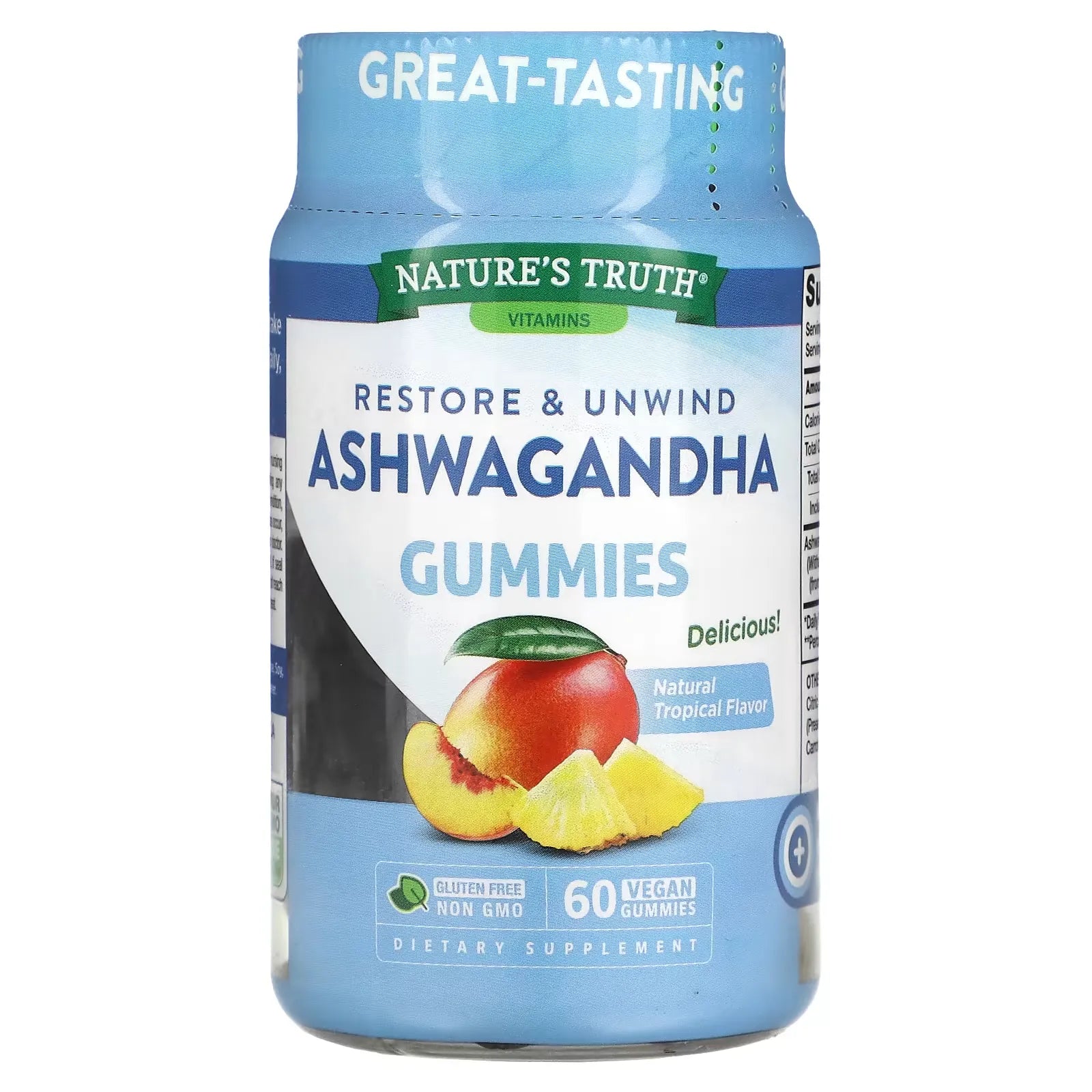 Nature's Truth Ashwagandha vegan gummies in tropical flavor, dietary supplement for relaxation and stress relief.