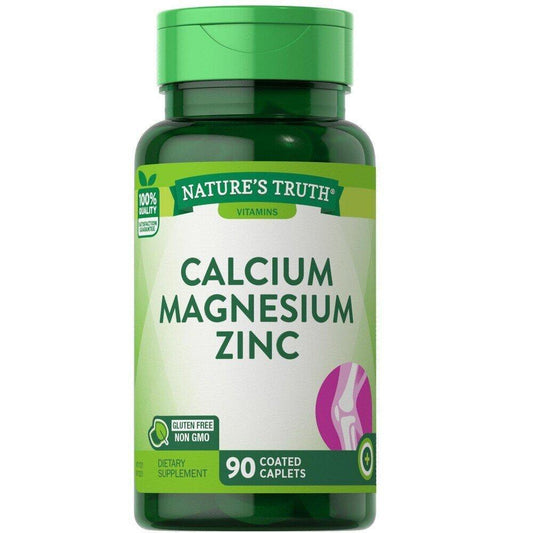 Nature's Truth Calcium Magnesium Zinc coated caplets, dietary vitamins and supplements for bone health and mineral support.