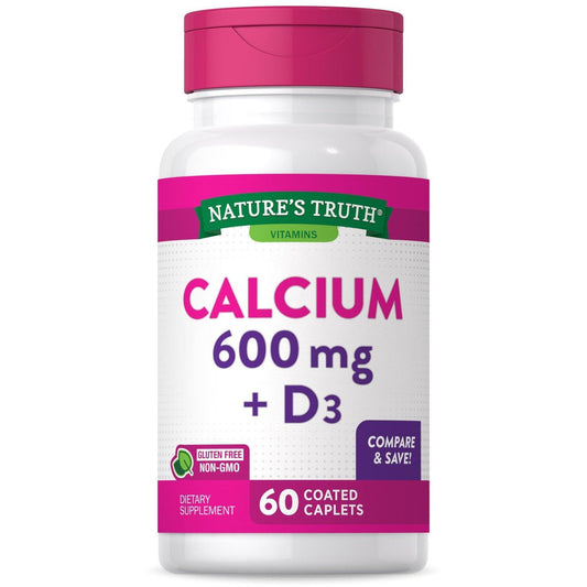 Nature's Truth Calcium Plus Vitamin D3 coated caplets, 600 mg, bottle of 60 dietary supplement capsules.