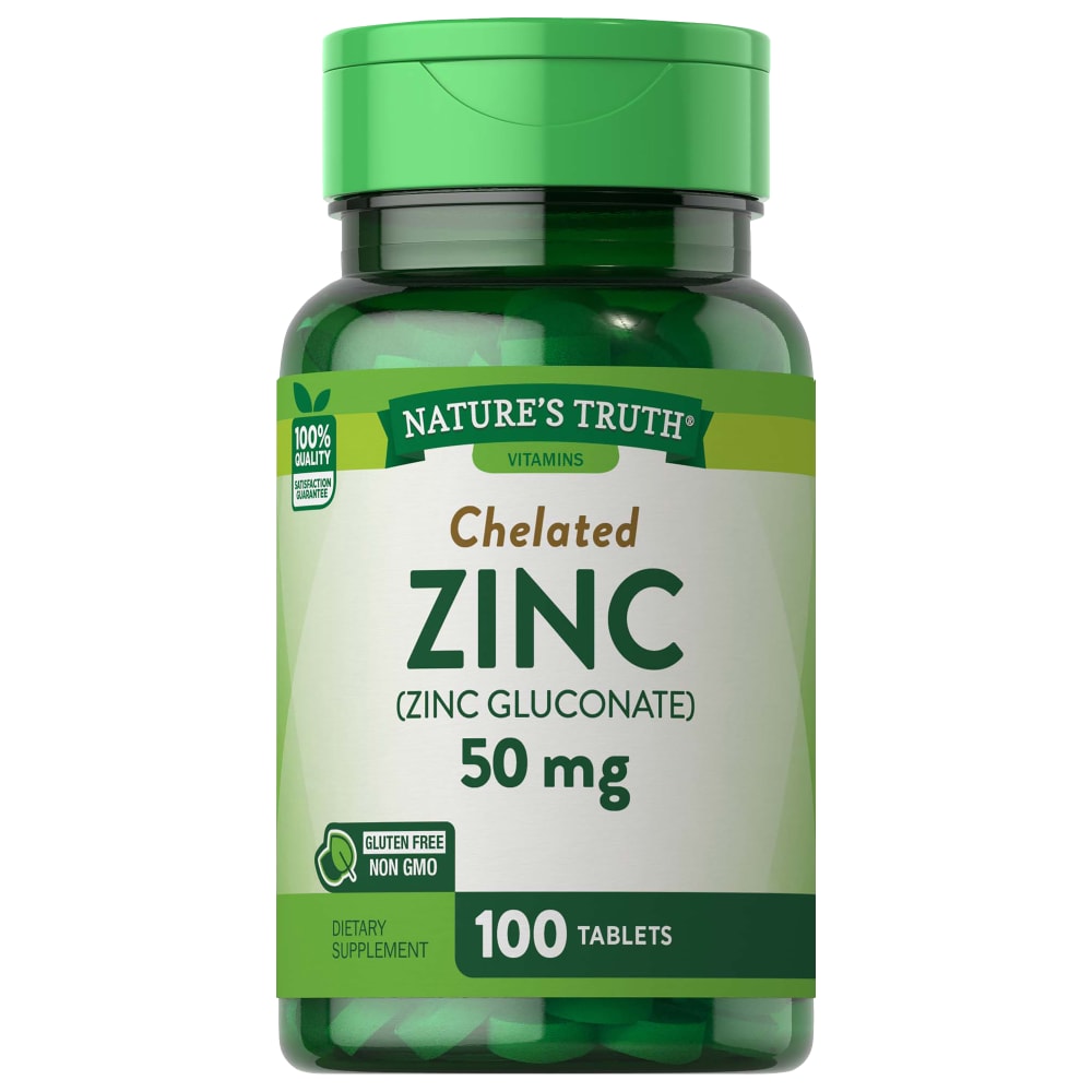 Nature's Truth chelated zinc 50 mg tablets in a bottle, dietary supplement for immune support, 100 tablets.