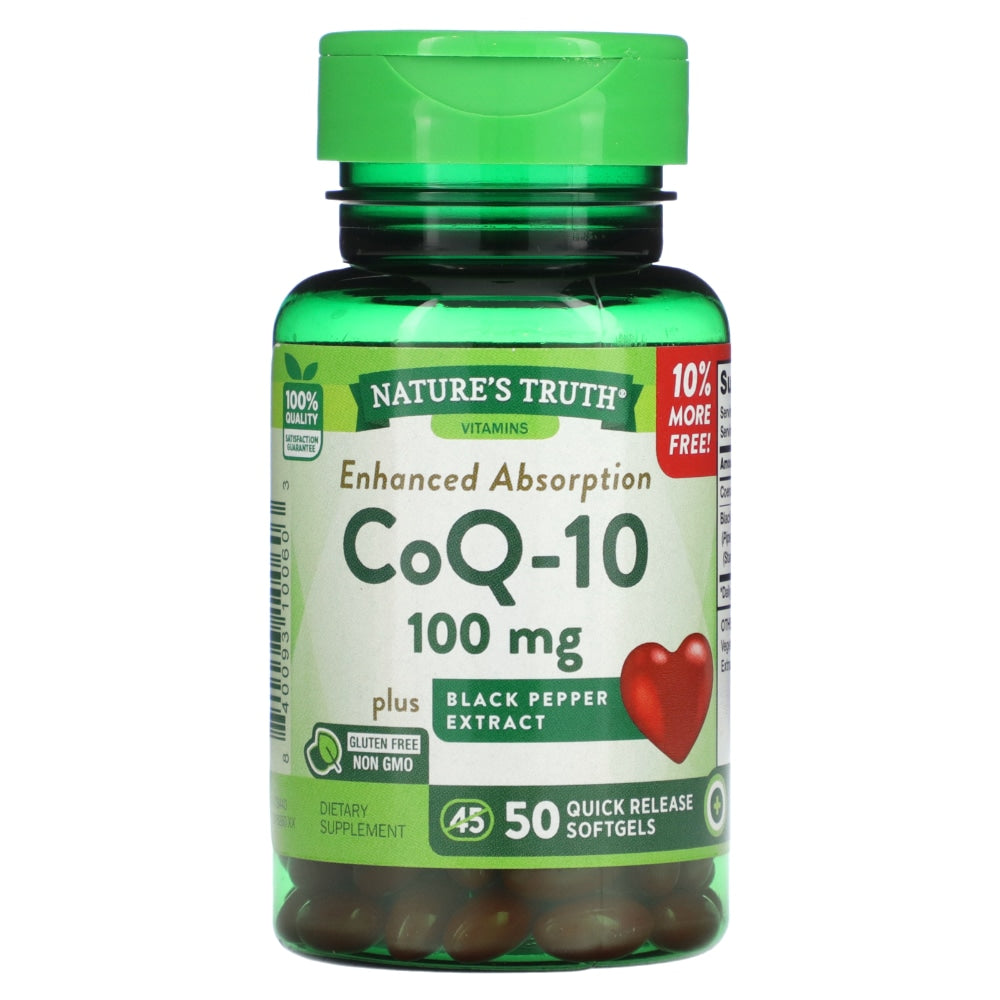Nature's Truth CoQ-10 with Black Pepper Extract softgels, 100mg, dietary supplement, 45 plus 5 bonus softgels for energy support