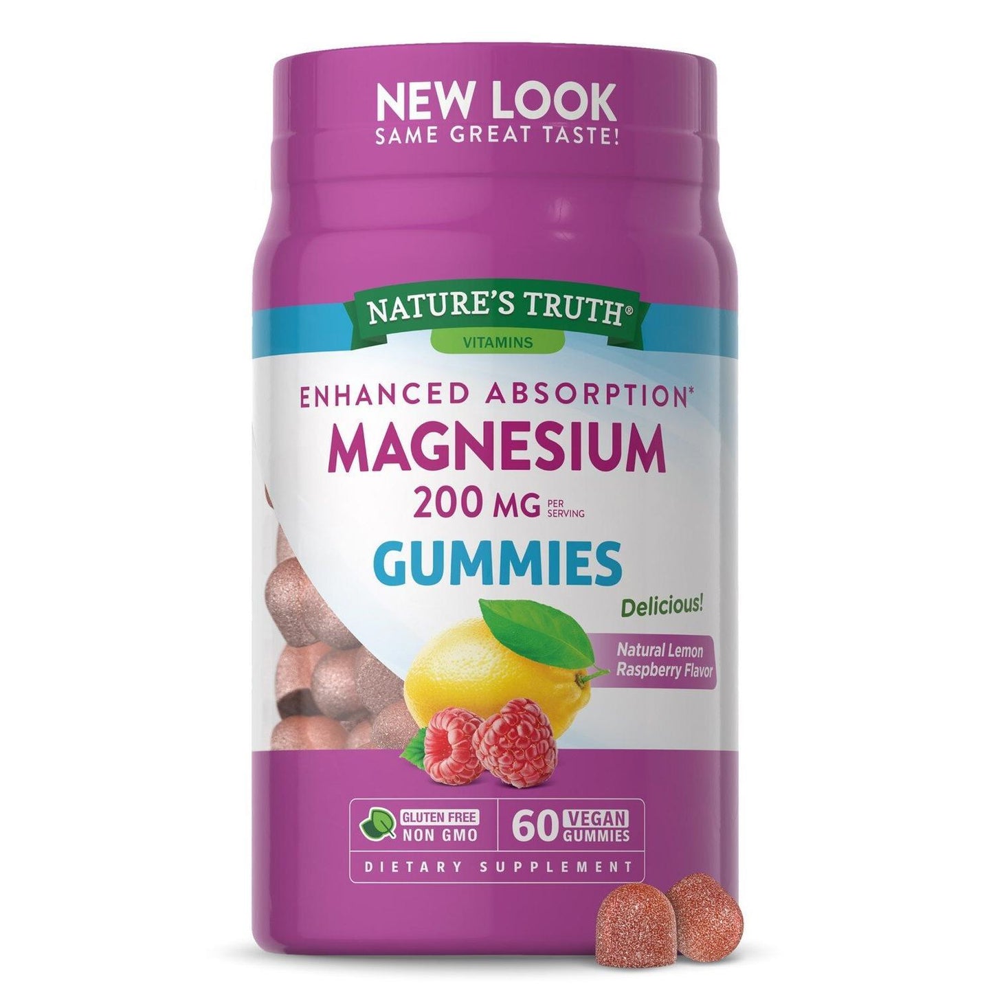 Nature's Truth vegan magnesium gummies with lemon raspberry flavor, 200 mg supplement for enhanced absorption