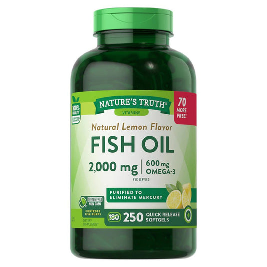 Bottle of Nature's Truth Fish Oil 2,000 Mg Lemon softgels, dietary supplement for heart and joint health.