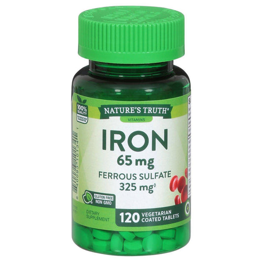 Nature's Truth Iron 65 Mg ferrous sulfate coated tablets, dietary supplement for iron intake, in blister pack.