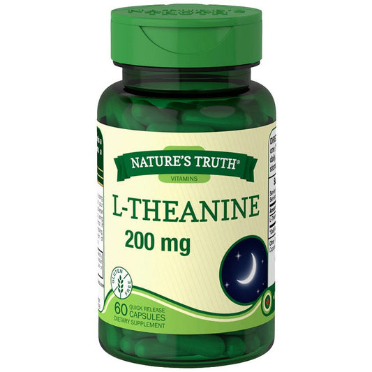 Nature's Truth L-Theanine 200 mg dietary supplement capsules, natural vitamins and supplements for relaxation and focus.