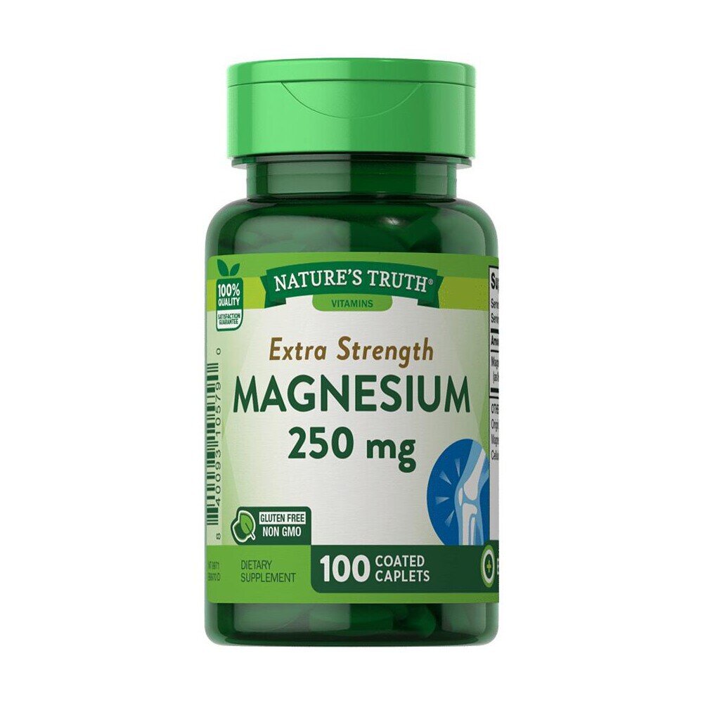 Bottle of Nature's Truth Magnesium 250 Mg vitamins and supplements from Pasteur Pharmacy on a white background.