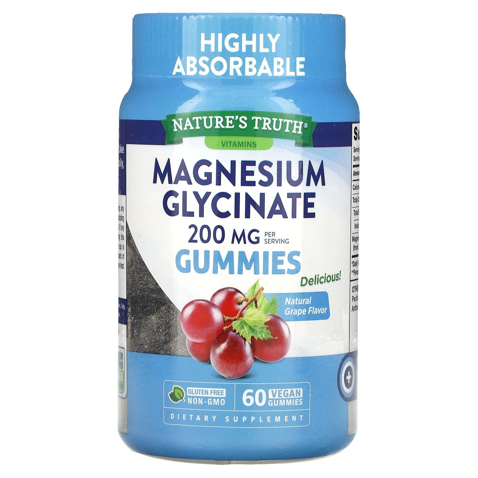 Nature's Truth Magnesium Glycinate gummies with 200mg, sour grape flavor, in a vitamins and supplements container.