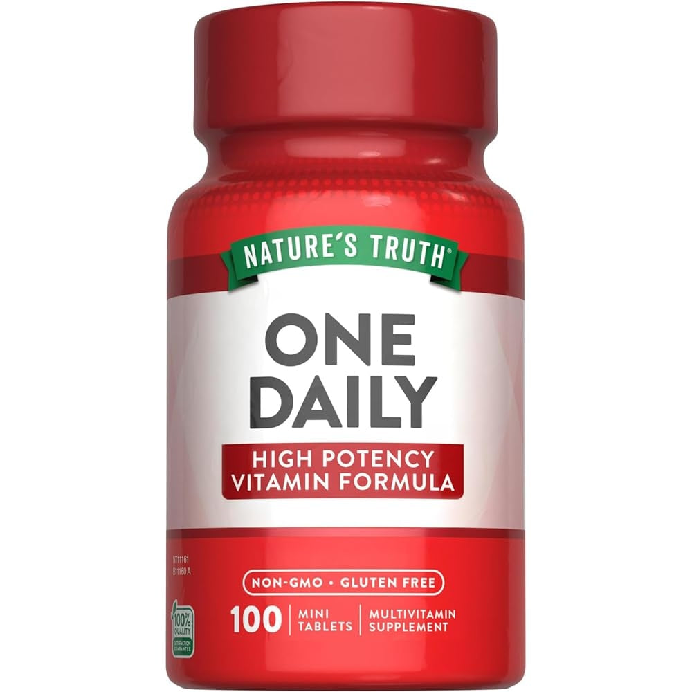 Nature's Truth One Daily Essential Multivitamin bottle with 100 tablets, in a white container with label showing vitamin details.