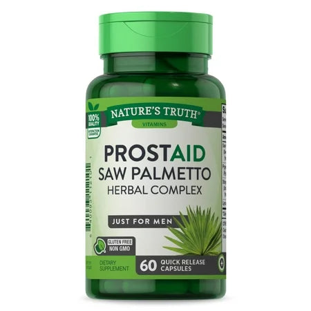 Nature's Truth Prostaid prostate health supplement capsules for men, featuring saw palmetto, in a bottle of 60 capsules.