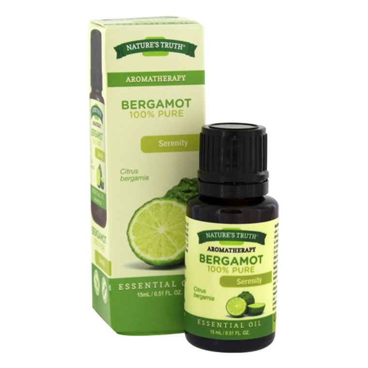 Bergamot essential oil bottle from Nature's Truth, 0.51 fl oz, in a clear glass bottle with a white label, on a neutral background.