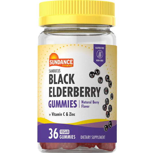 Black Elderberry Vegan Gummies from Nature's Truth Sundance vitamins with natural berry flavor, dietary supplement for immune support.