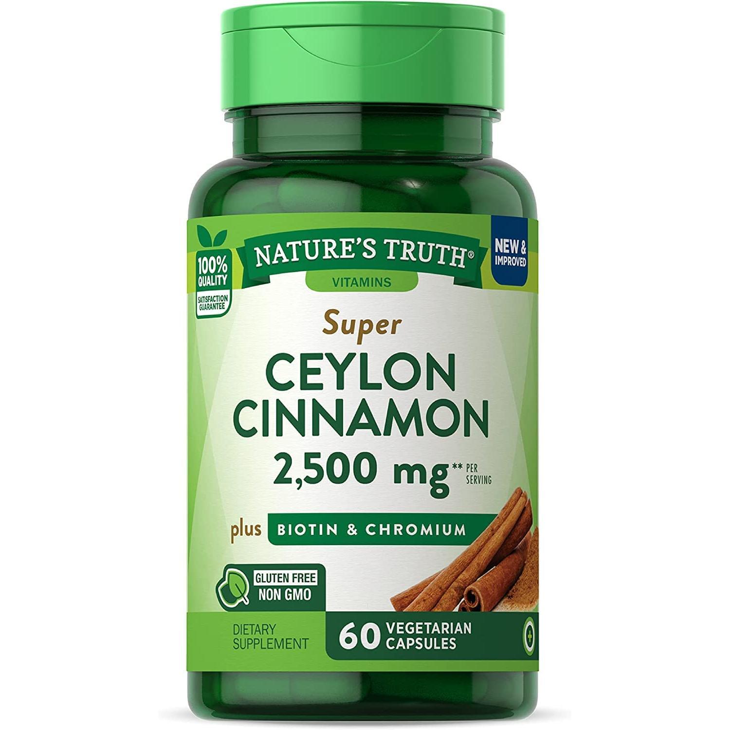 Nature's Truth Super Ceylon Cinnamon vegetarian capsules with biotin and chromium, 60-count bottle, dietary vitamins and supplements