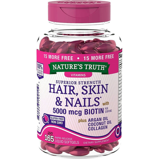 Nature's Truth® Biotin Liquid Softgels for hair, skin, and nails support, 5000 mcg biotin supplement in easy-softgel form.