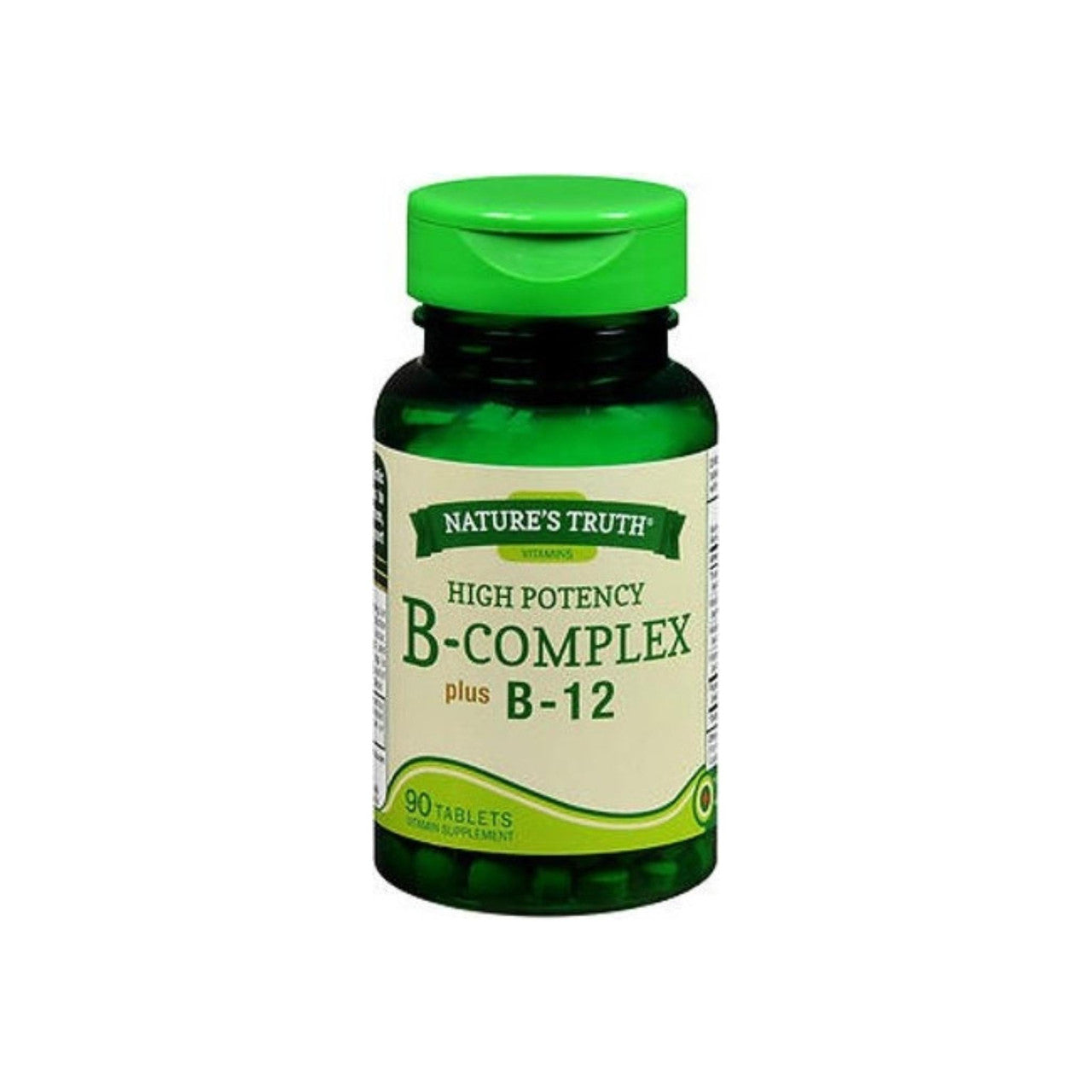 High potency B-Complex and B-12 vitamins in 90 tablets from Nature's Truth, supplement bottle with tablets visible.