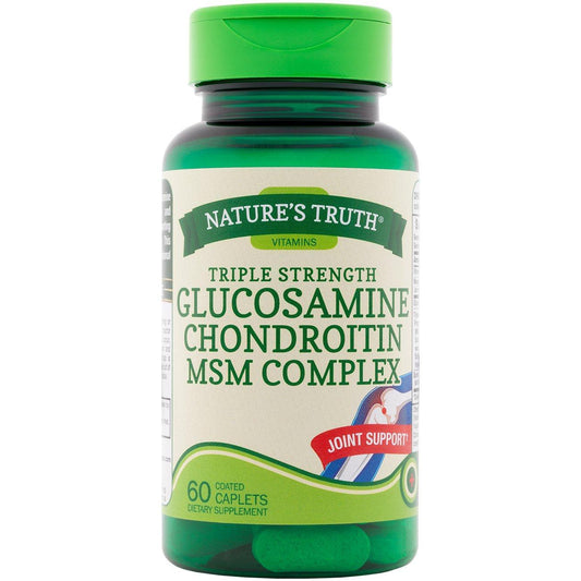 Nature's Truth Triple Strength Glucosamine Chondroitin MSM Turmeric Complex coated caplets for joint support and overall wellness.