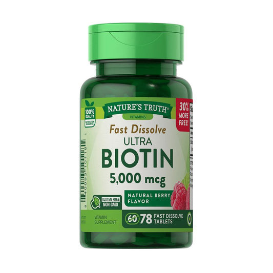 Nature's Truth Ultra Biotin 5000 mcg fast dissolve tablets for beauty support, dietary vitamins and supplements.