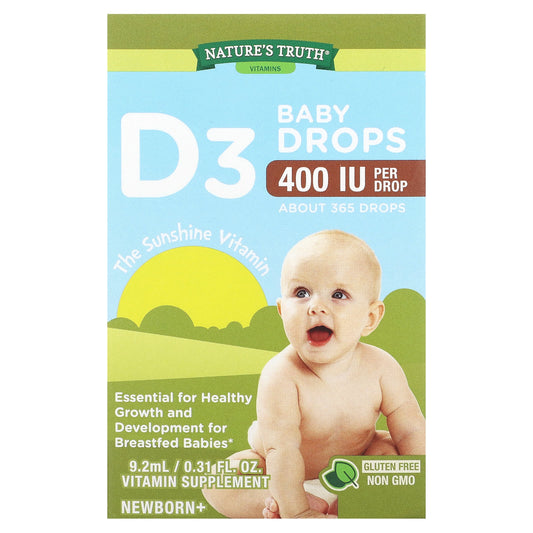 Nature's Truth Vitamin Baby Drops with 400 IU Vitamin D3 in 0.31 fl oz bottle, supplement for infants' health.