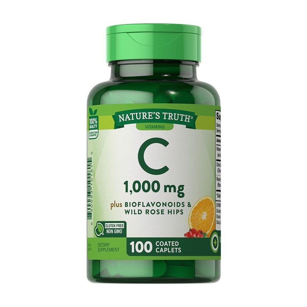 Nature's Truth Vitamin C 1000 mg supplement bottle, 100 count, in a container with label showing vitamin C benefits and dosage details.