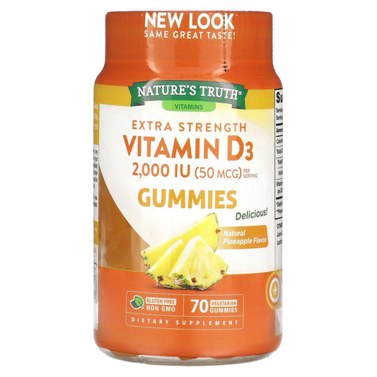Nature's Truth Vitamin D3 extra strength vegetarian gummies with natural pineapple flavor, dietary supplement for supporting bone health.