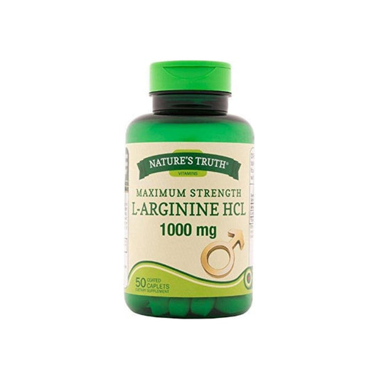 Nature's Truth Maximum Strength L-Arginine HCL vitamins in 50 coated caplets, dietary supplement for cardiovascular health.