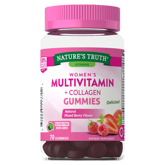 Nature's Truth Women's Multivitamin with Collagen Gummies in natural mixed berry flavor, 70 count, vitamin and supplement.