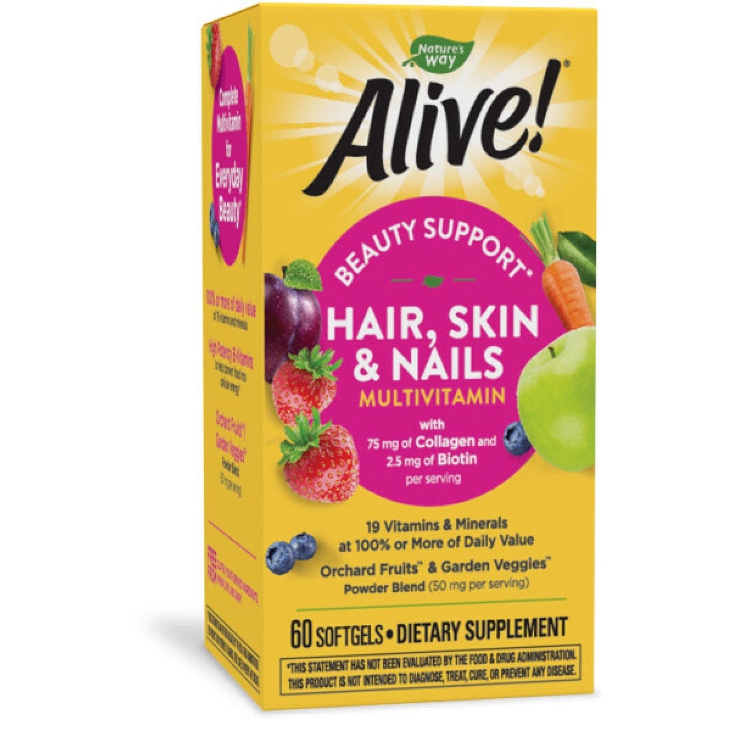 Nature's Way Alive! Hair, Skin, Nails multivitamin softgels in strawberry flavor, dietary supplement for hair and skin health.