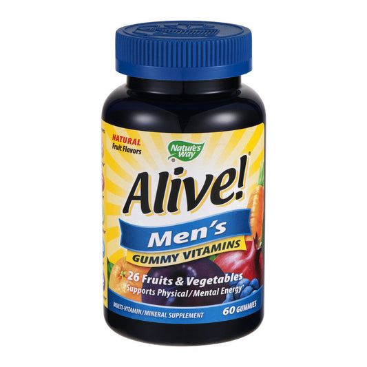 Bottle of Nature's Way Alive! Men's Gummy Vitamins Multivitamin with colorful gummies inside.