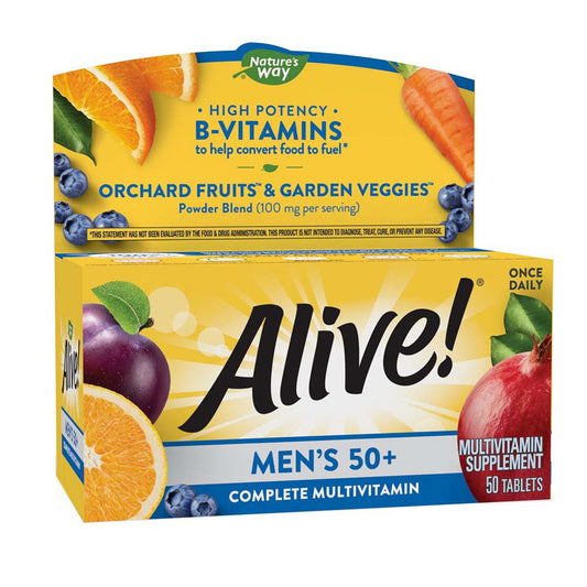 Nature's Way Alive Men’s 50+ Complete Multivitamin bottle with 50 tablets, dietary supplement for men's health.