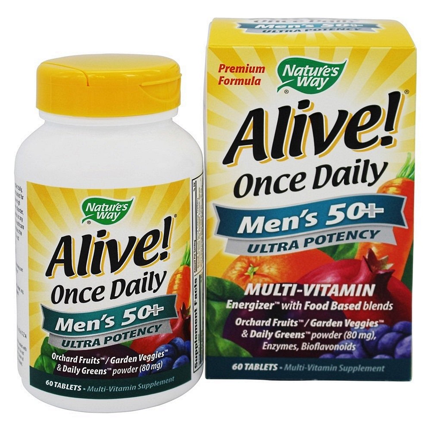 Nature's Way Alive Once Daily Men's 50+ Ultra Potency Multi-Vitamin tablets, dietary supplement for men's health.