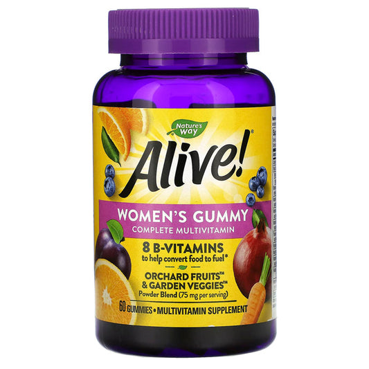 Nature's Way Alive! Women's Gummy Vitamins multivitamin bottle with colorful gummy vitamins in clear container.