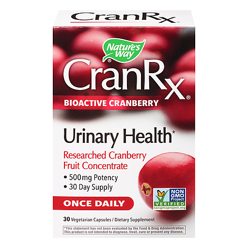 Nature's Way CranRx bioactive cranberry supplement for urinary health, 30 vegetable capsules in a bottle.