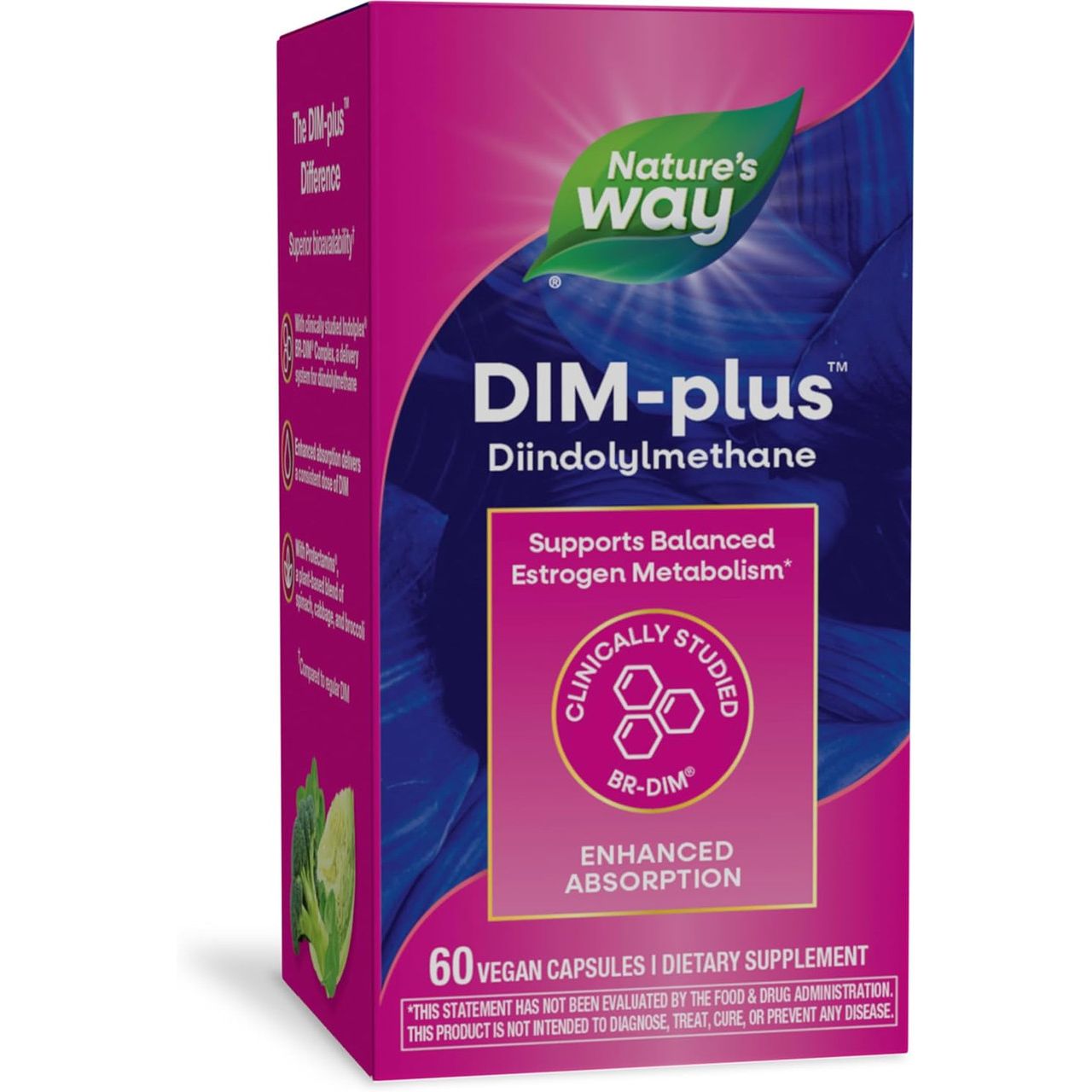 Nature's Way Dim Plus vegetarian capsules, dietary supplement in bottle, for hormone support and health, by Pasteur Pharmacy.