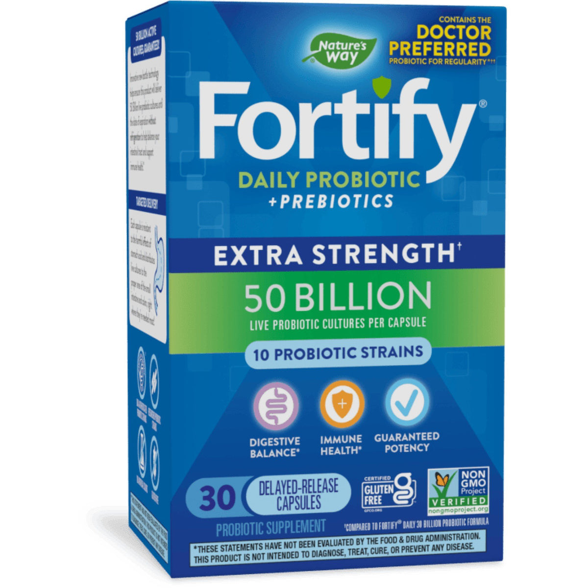Nature's Way Fortify Extra Strength Probiotic capsules with 50 billion live cultures, in a bottle of 30 delayed-release capsules.