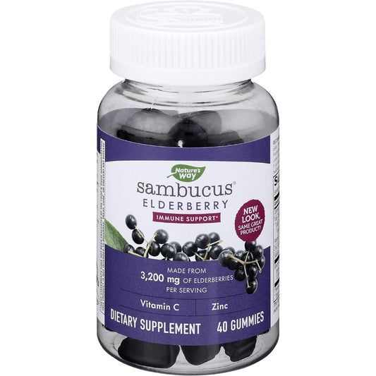 Nature's Way Sambucus Elderberry Gummies, dietary vitamins and supplements in a bottle with colorful gummy tablets.