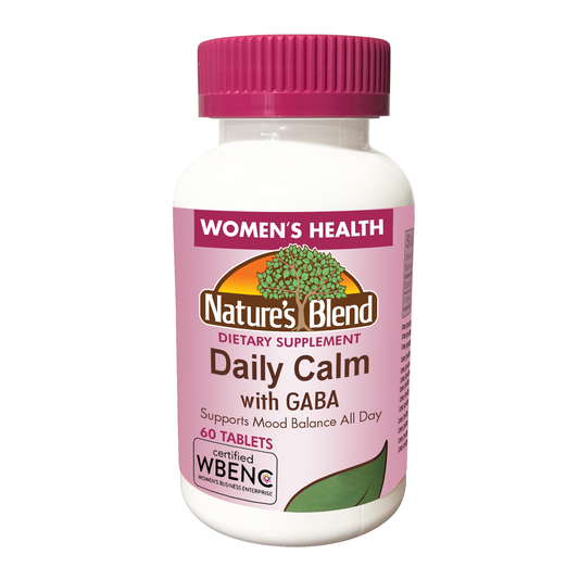 Natures Blend Daily Calm herbal supplement bottle from Pasteur Pharmacy, containing 60 tablets for daily relaxation and calmness.