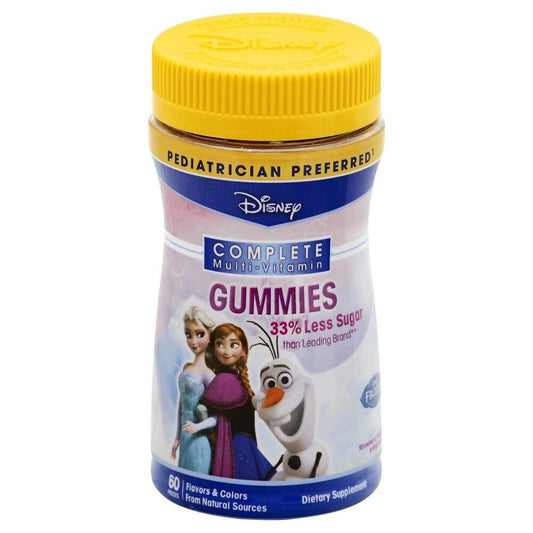 NatureSmart Disney Frozen multi-vitamin gummies in strawberry, watermelon, and raspberry flavors, featuring colorful gummy shapes.