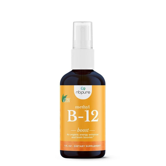 NB Pure Methyl B-12 Spray in a 1 fl oz bottle, a dietary supplement from Pasteur Pharmacy for vitamin B-12 support.