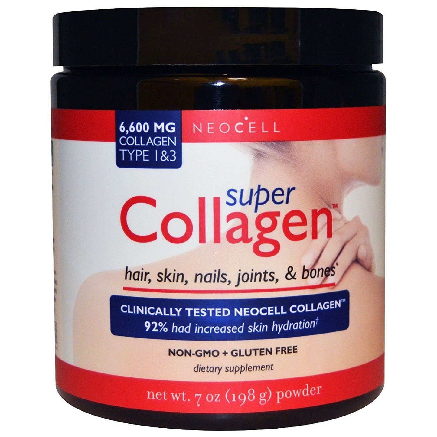 Neocell Super Collagen PW 10Gm supplement container showing the label with collagen and vitamins, in a white bottle.