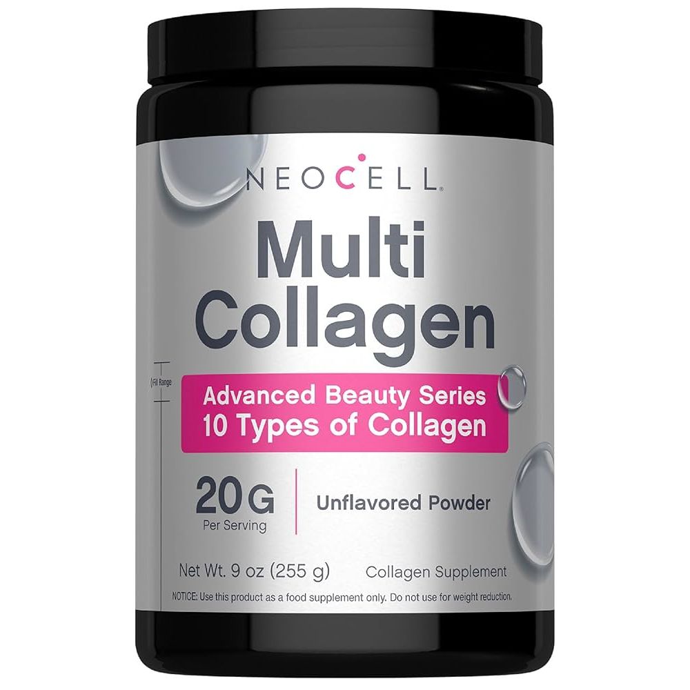 NeoCell Super Multi Collagen Peptides Powder in 9oz container, showing unflavored collagen powder for skin, hair, and nails.