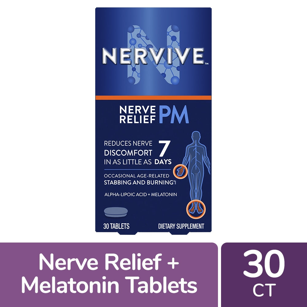 Nervive Nerve Relief PM Tablets in a 30-count bottle, dietary supplement for nerve support and relaxation, by Pasteur Pharmacy.