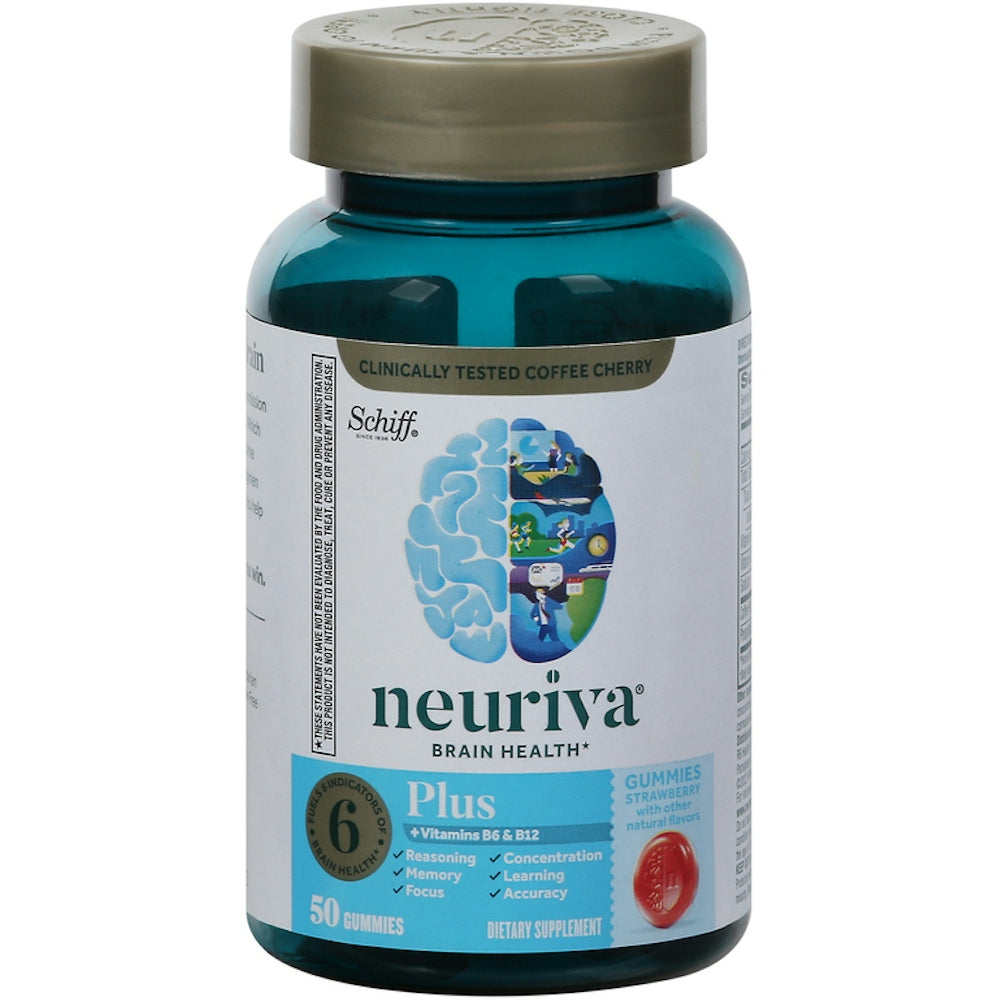 Neuriva Plus brain health support gummies in strawberry flavor, 50 count, dietary supplement by Pasteur Pharmacy, close-up of the bottle