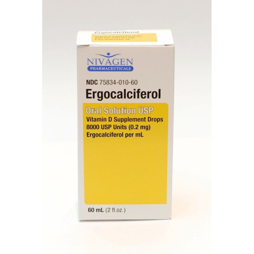 Nivagen Ergocalciferol Vitamin D supplement drops in a 2 oz bottle, natural liquid vitamin D supplement from Pasteur Pharmacy.