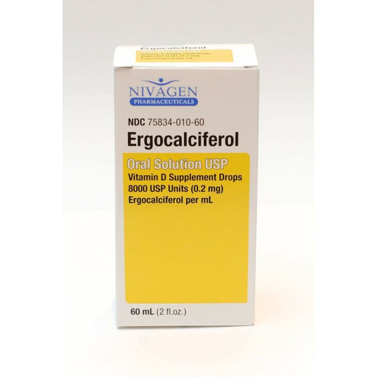 Nivagen Ergocalciferol Vitamin D supplement drops in a 2 oz bottle, natural liquid vitamin D supplement from Pasteur Pharmacy.