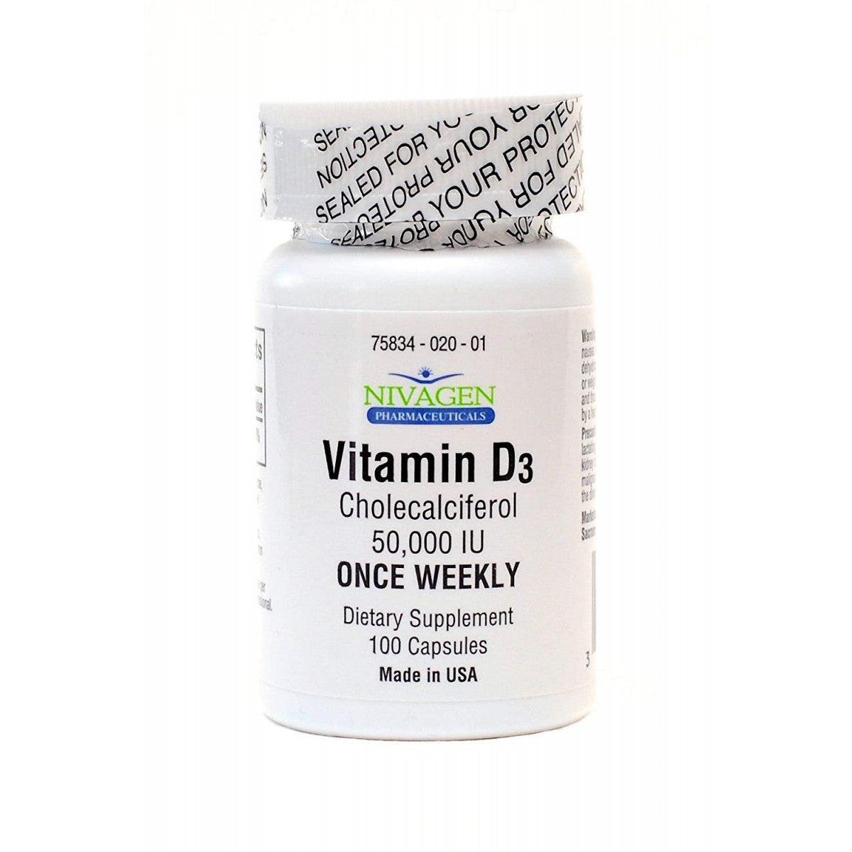 Nivagen Pharmaceuticals Vitamin D3 50,000 IU capsules in a bottle, dietary supplement for immune support and bone health